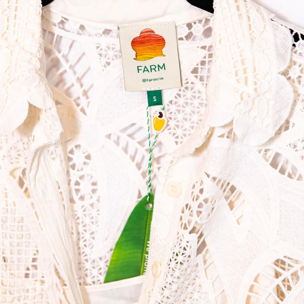 Farm Rio NEW  Guipure Off White Lace Crochet Semi Sheer Shirt Dress Ivory Small - Image 2