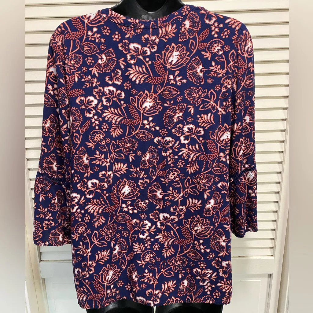 Bohemian‎ Navy Orange Floral Crochet V Neck Blouse Size S 3/4 Sleeve Bell Blue - Image 5