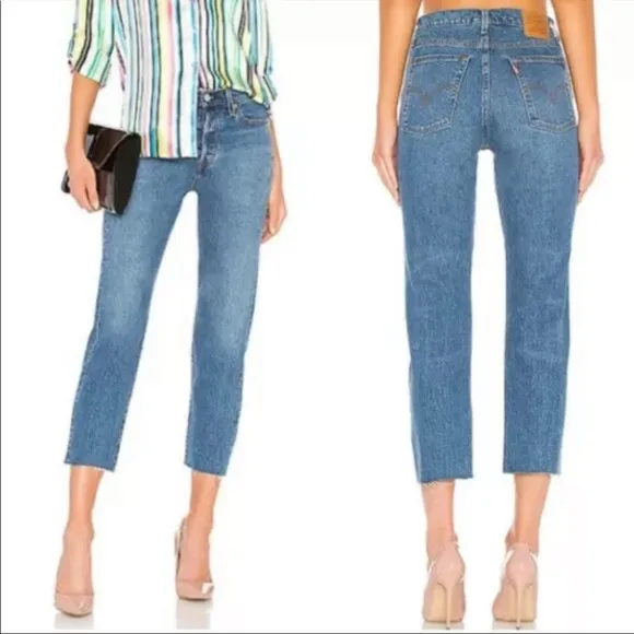 Levi’s Premium Wedgie Straight Jeans Blue Raw Hem Button Fly Sz 27 Dark Wash - Image 2