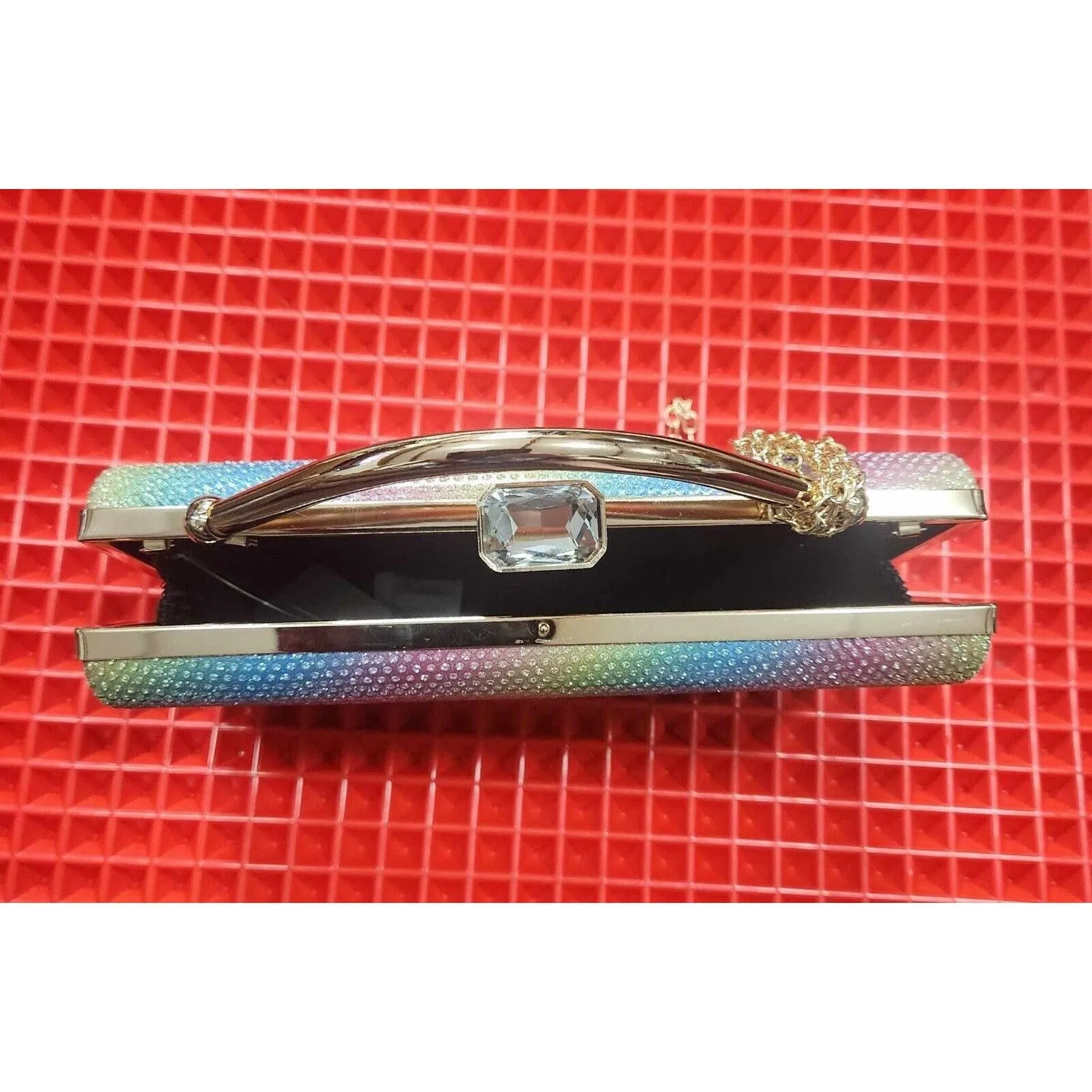 Rainbow Colored Rhinestone Clutch Purse Gold Tone Hardware - Image 8