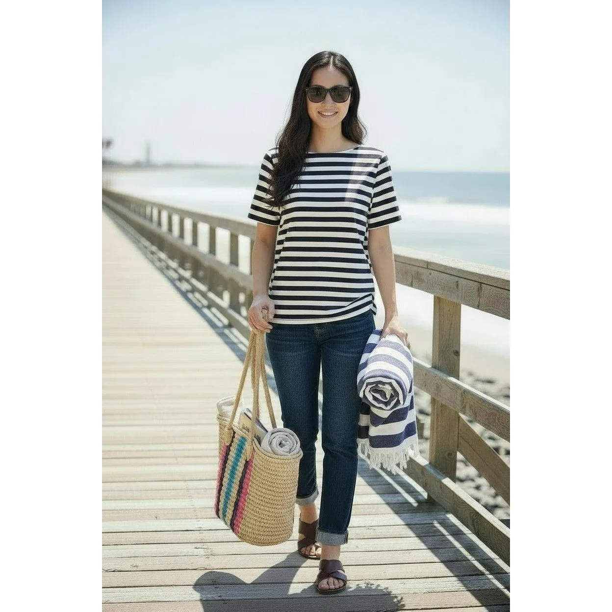 Lauren Ralph Lauren L Navy White Stripe Cotton‎ Top Nautical Coastal Preppy Chic - Image 3