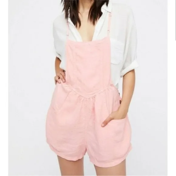 Free People 100% Linen Pink Romper Overalls Size XS Boho Girly Barbie - Image 8