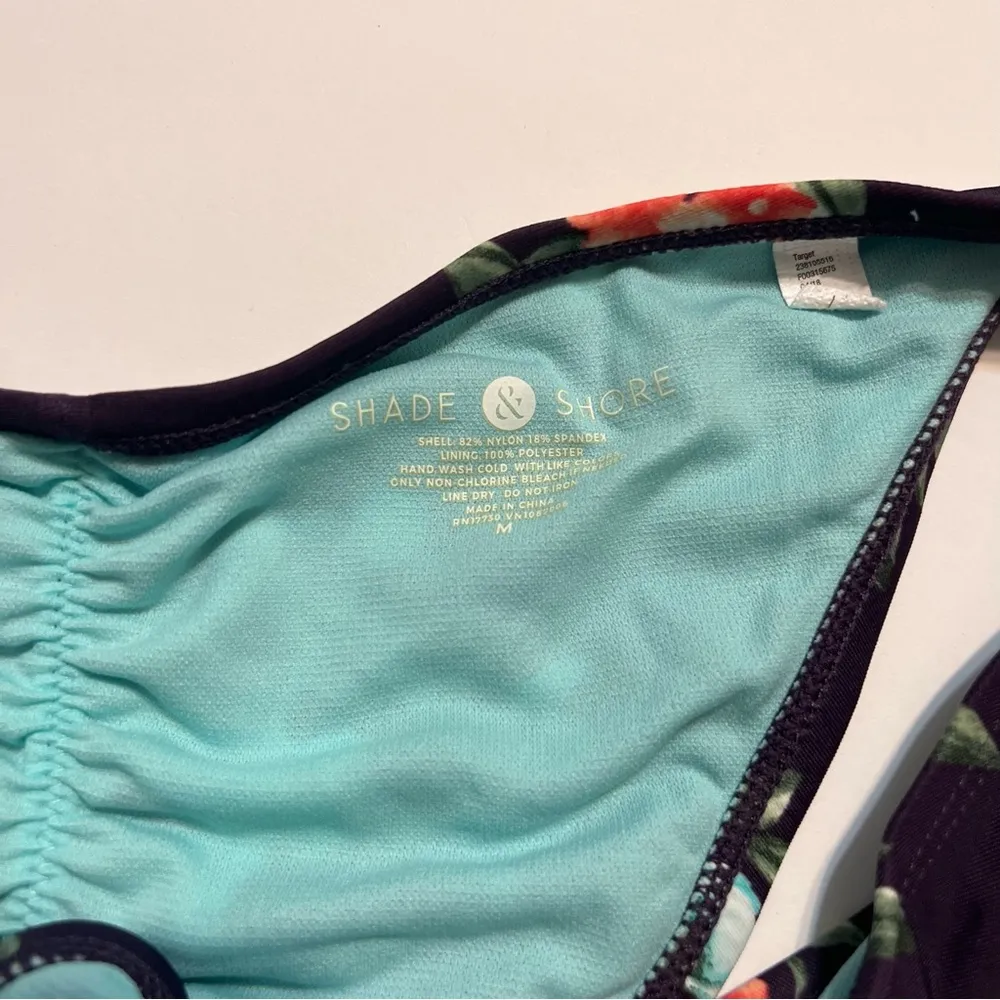 Shade & Shore High Leg Cheeky Bikini Bottom Dark Purple Floral Ruched Back M - Image 5