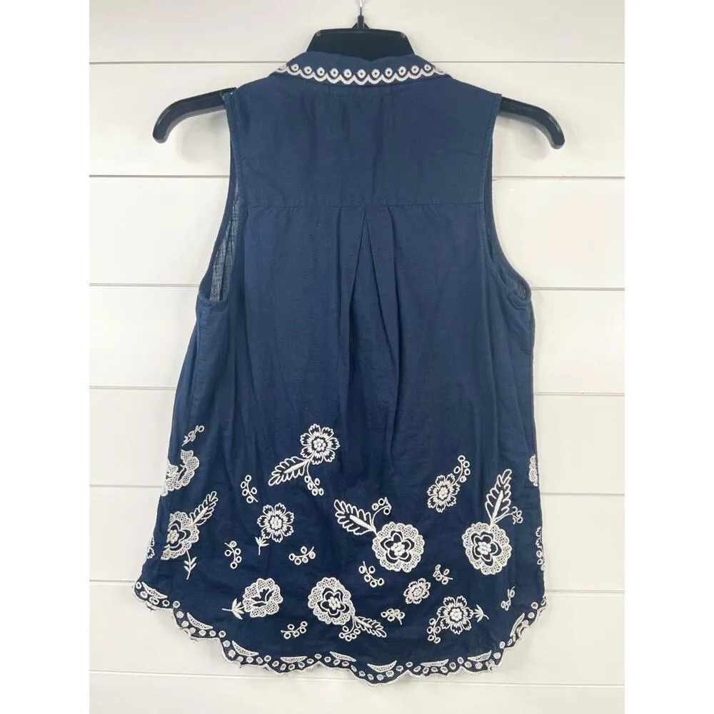 Anthro Moulinette Soeurs Embroidered Floral Sleeveless Blouse Scalloped Hem 0 - Image 3