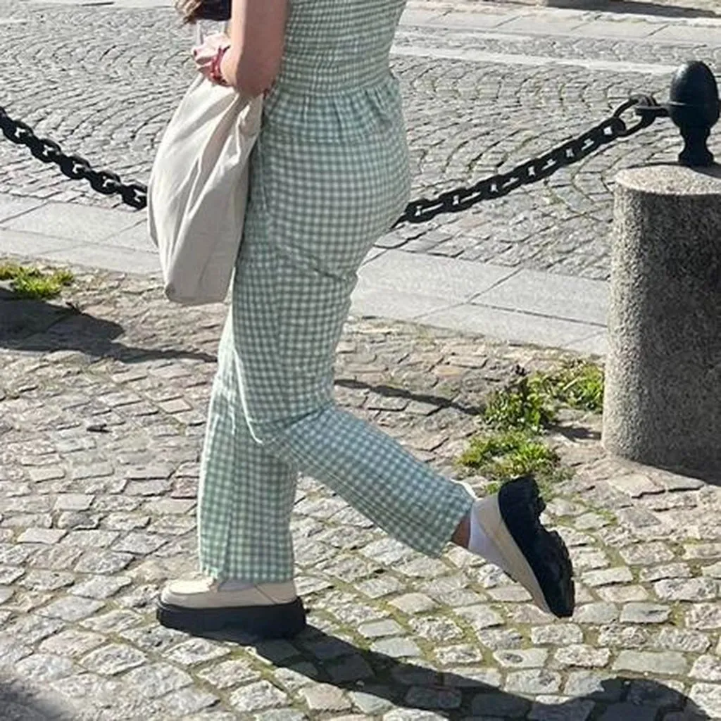 American Eagle Women Regular Fit Gingham Pattern Wide Leg Pants, Green - Image 2