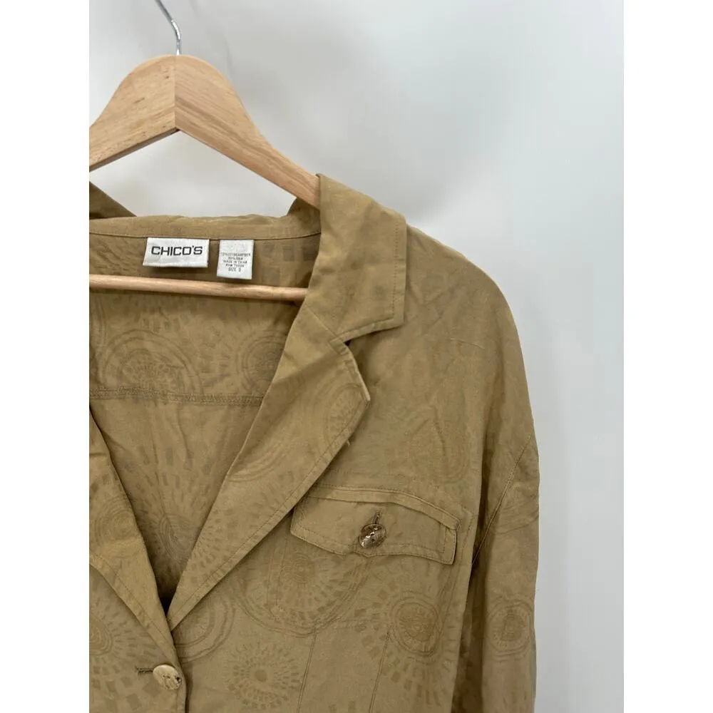 Chico's Soybean Fiber Cream Tan Printed Button Down Light Jacket Shirt Large - Image 3
