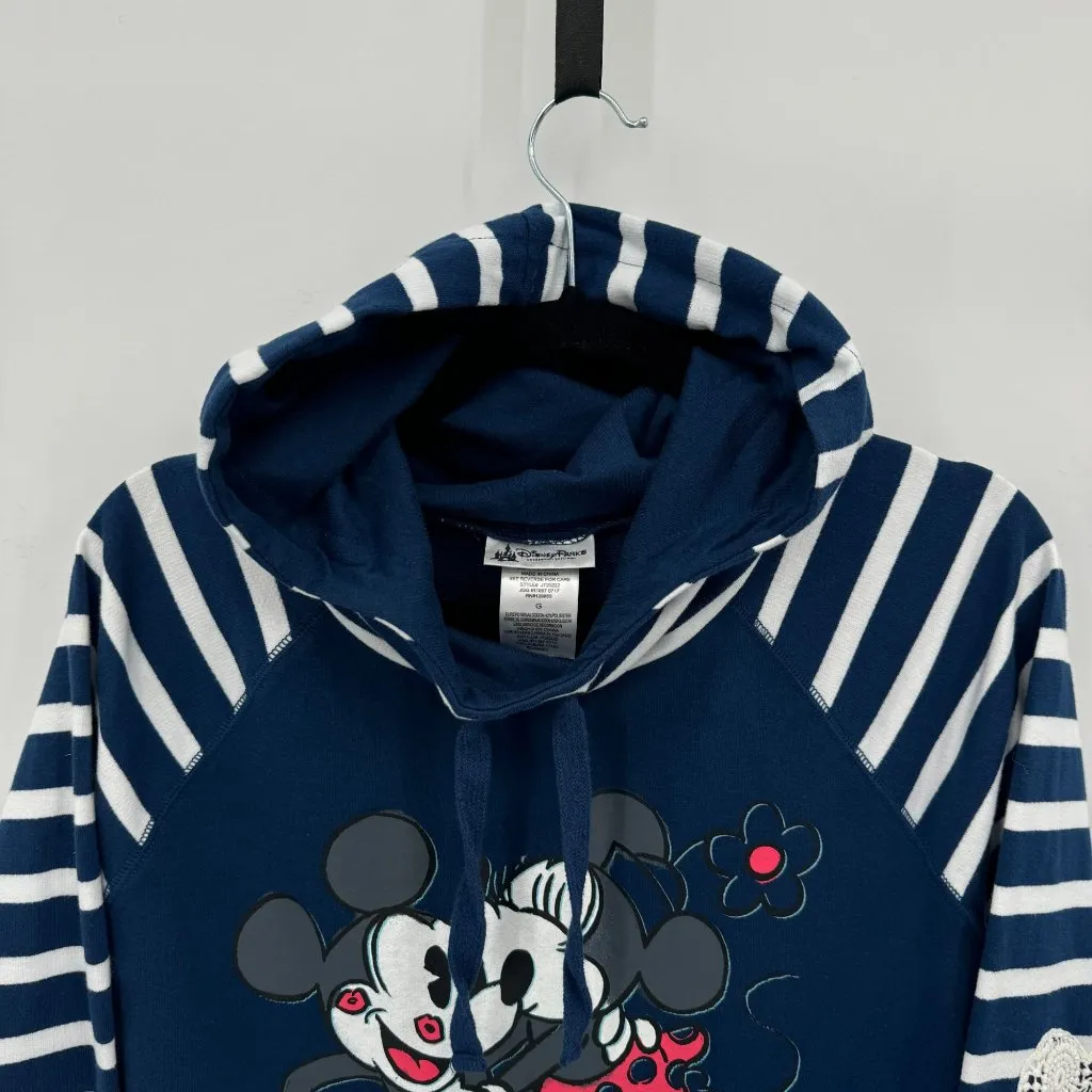 Disney‎ Parks Mickey & Minnie Hoodie With Lace Hem & Striped Sleeves Size LG White - Image 6