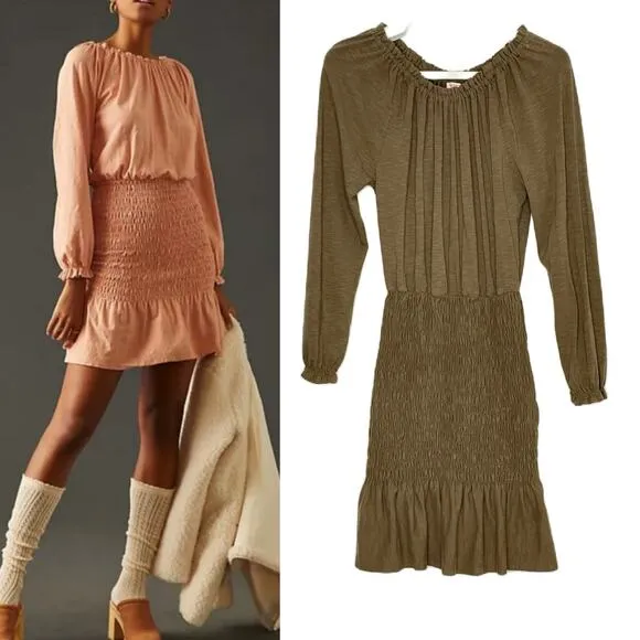 Sundry Brown Cappuccino Elastic Neck Raglan Sleeve Smocked Dress Size 0 - Image 2