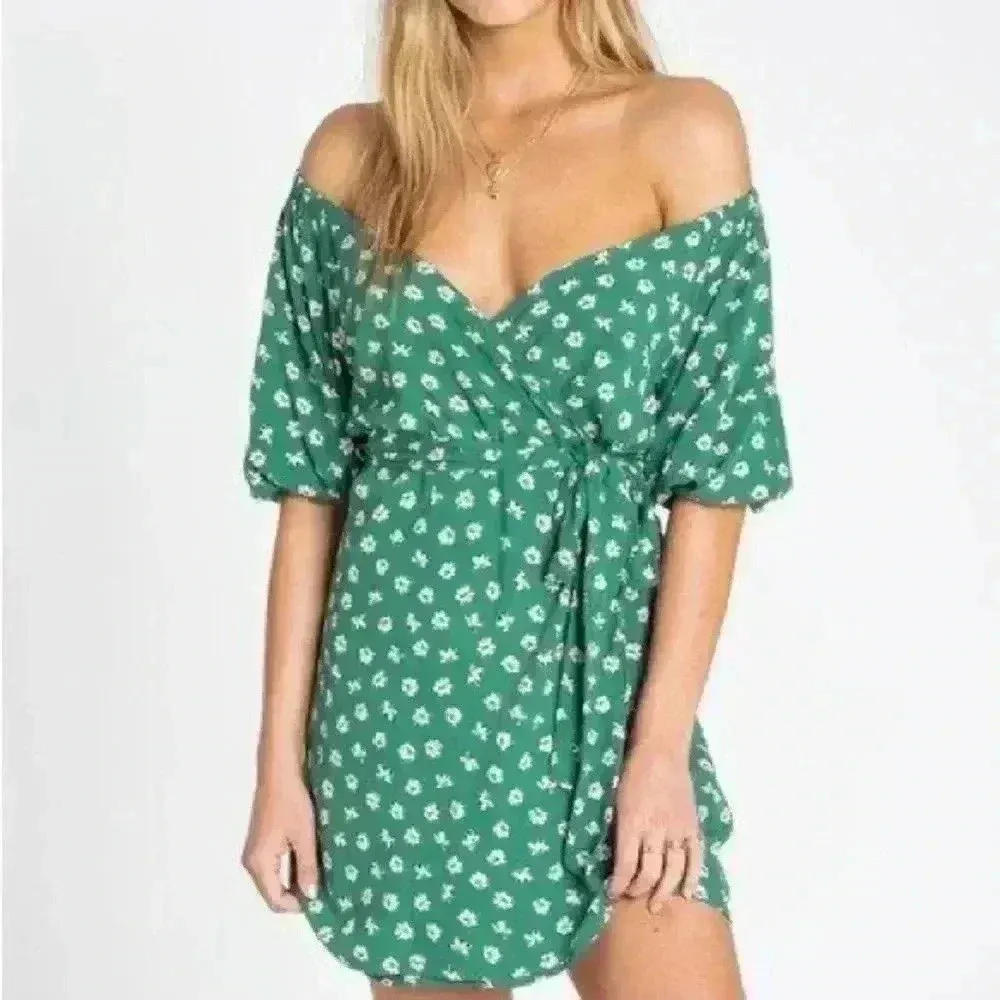 Billabong - Best Dressed Sage Green Floral Print Off-the-Shoulder‎ Wrap Dress - Image 2