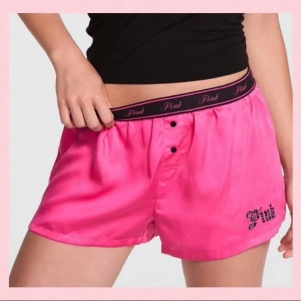 PINK VICTORIA’S SECRET Silky Pajama Shorts Rose Pink & Black Bling “PINK” Logo S - Image 2