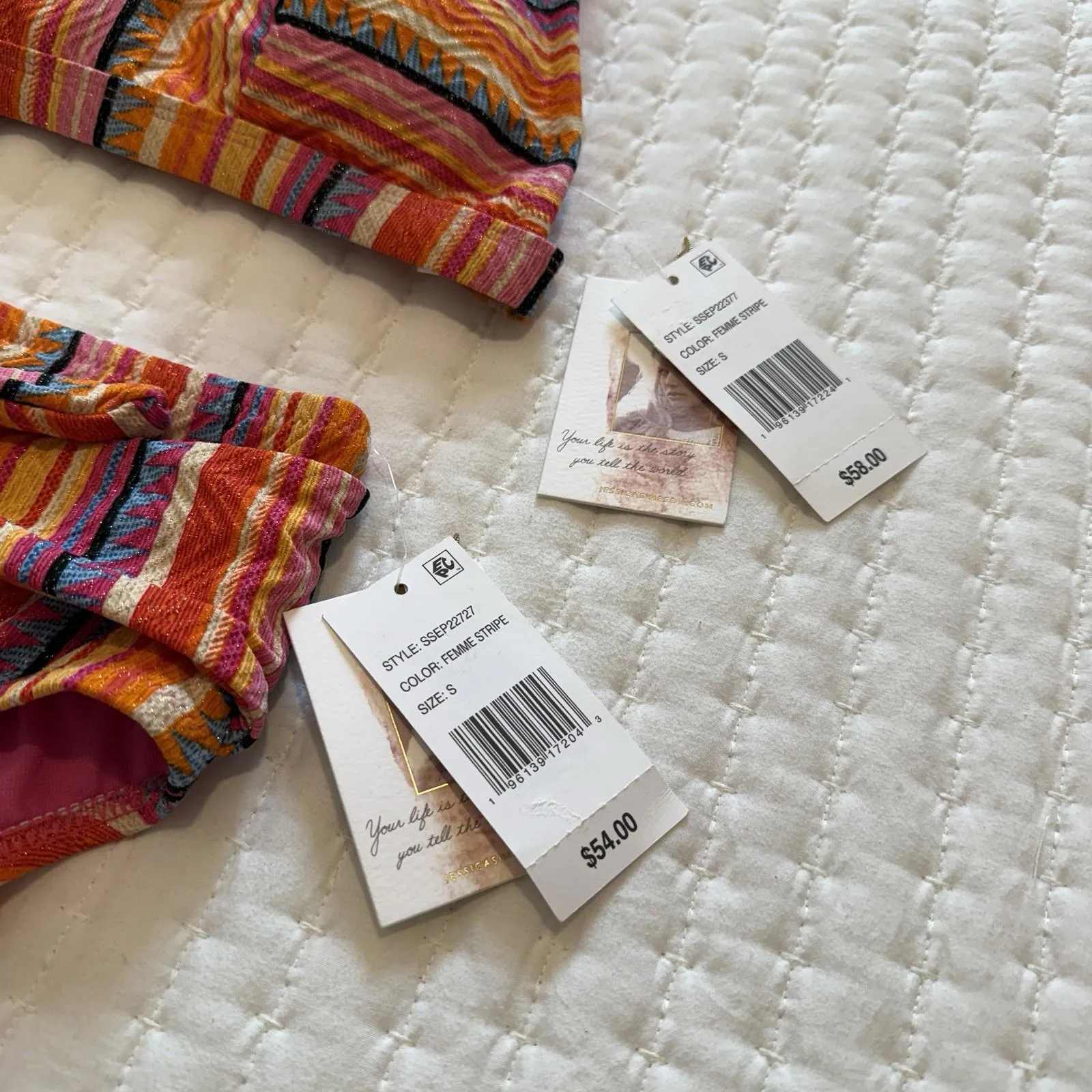 Jessica Simpson Multi Color Femme Stripe Hi Waist Bikini Bottom & Top Set Small - Image 3