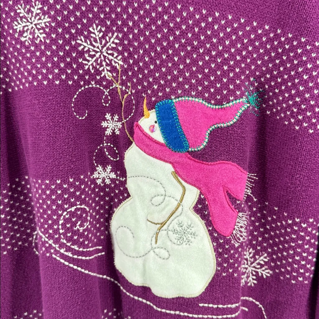 Christopher & Banks Purple 1/4 button Sweater winter snowman embroidered M - Image 7