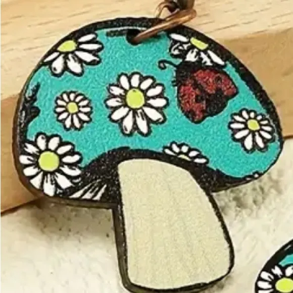 Whimsical Mushroom Earrings with Floral Design Blue - Image 3
