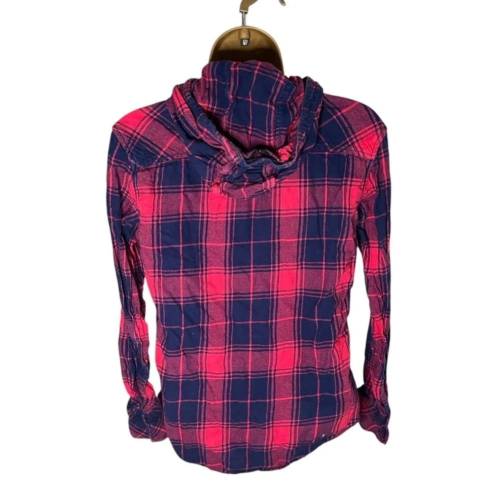 Aritzia TNA Hooded Plaid Boyfriend Fit Button Down Long Sleeve Red Navy XS Blue - Image 3
