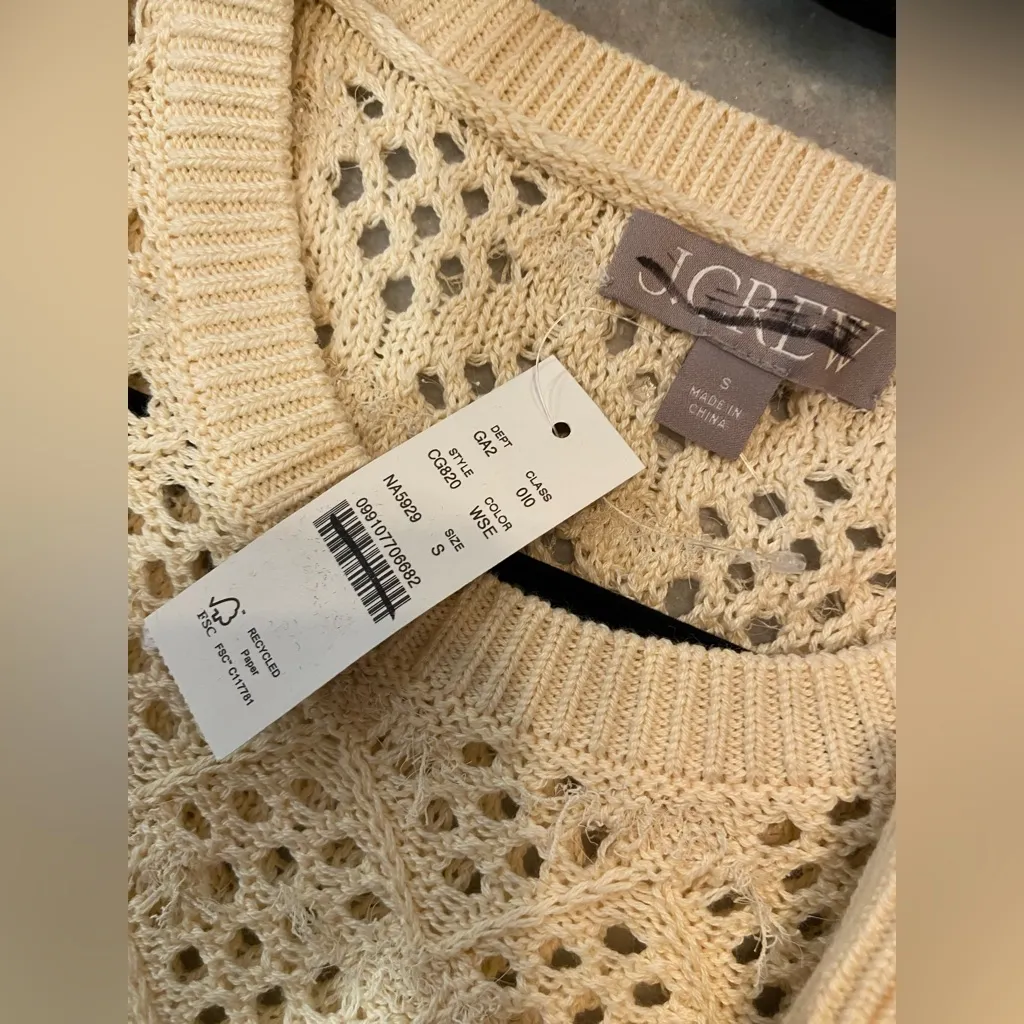 NWT J. Crew Size S Cream Pointelle Fringe Knit Crewneck Pullover Sweater - Image 11