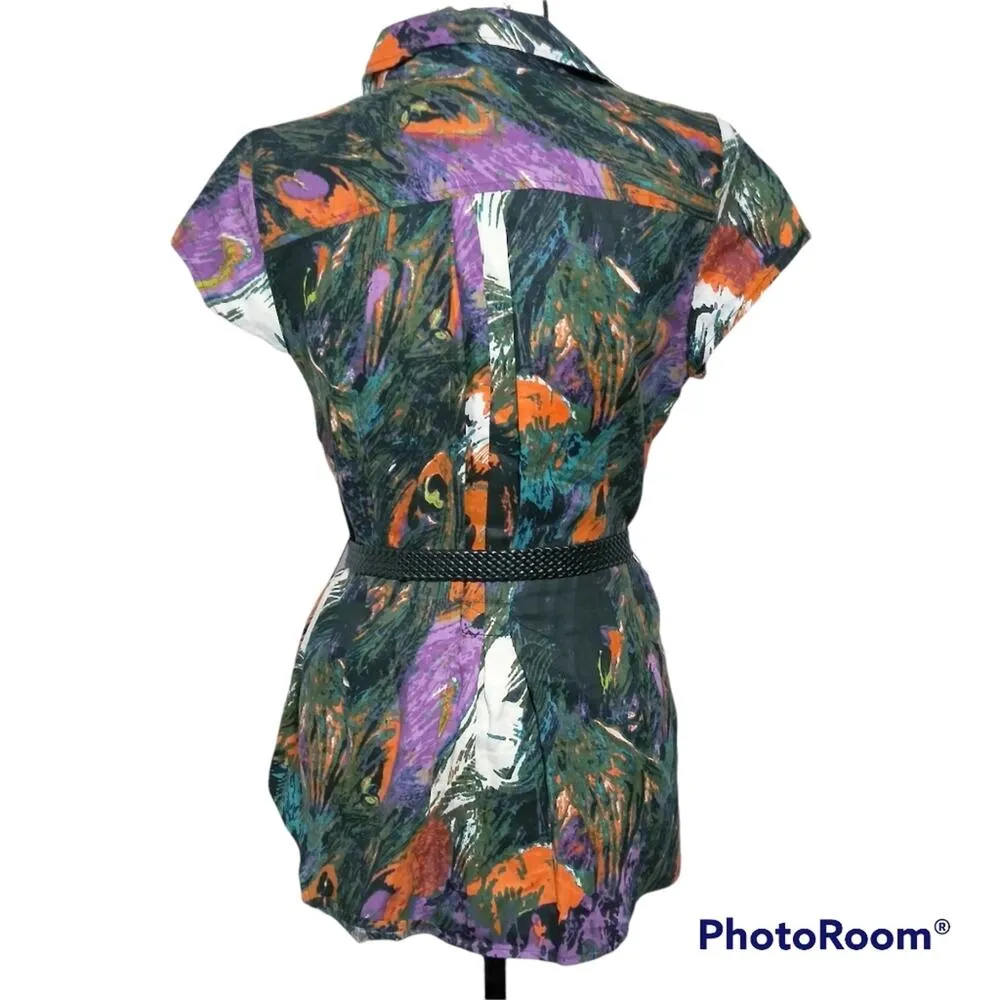 Richard Malcolm Colorful Abstract Peacock Feather Linen Top With Belt S - Image 2