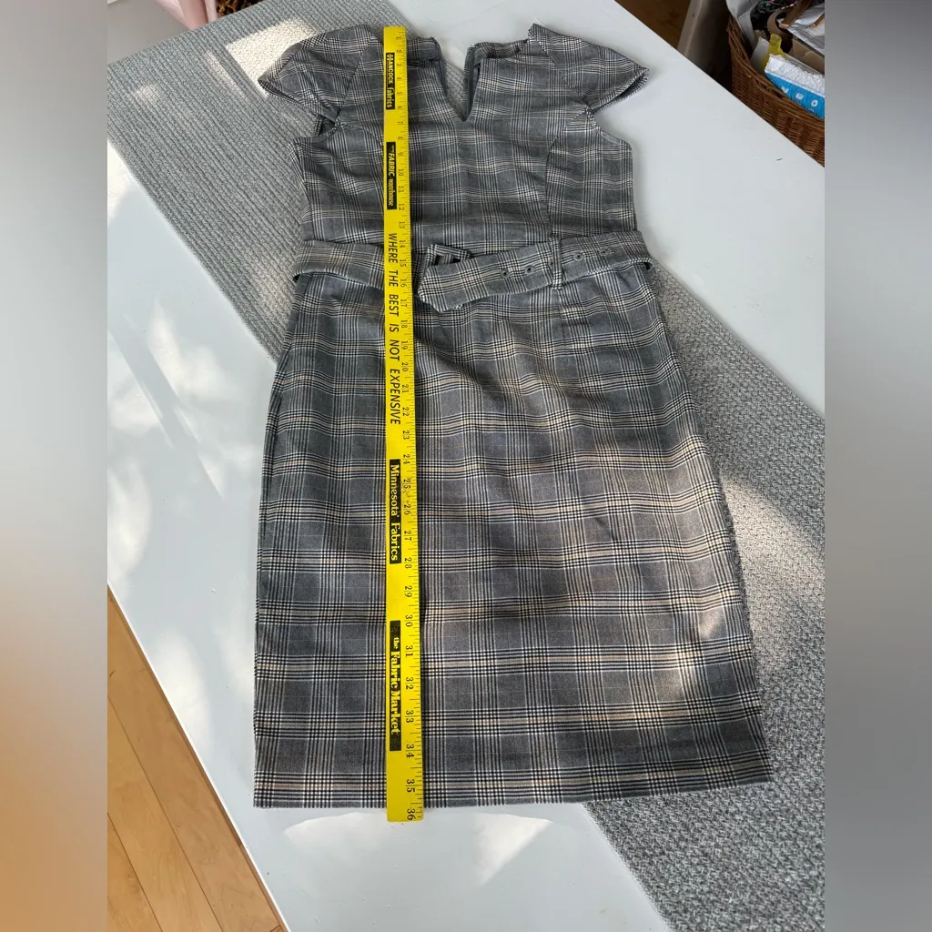 NAF NAF Gray Plaid Belted Cap Sleeve Business Casual Dress Size Small - Image 13