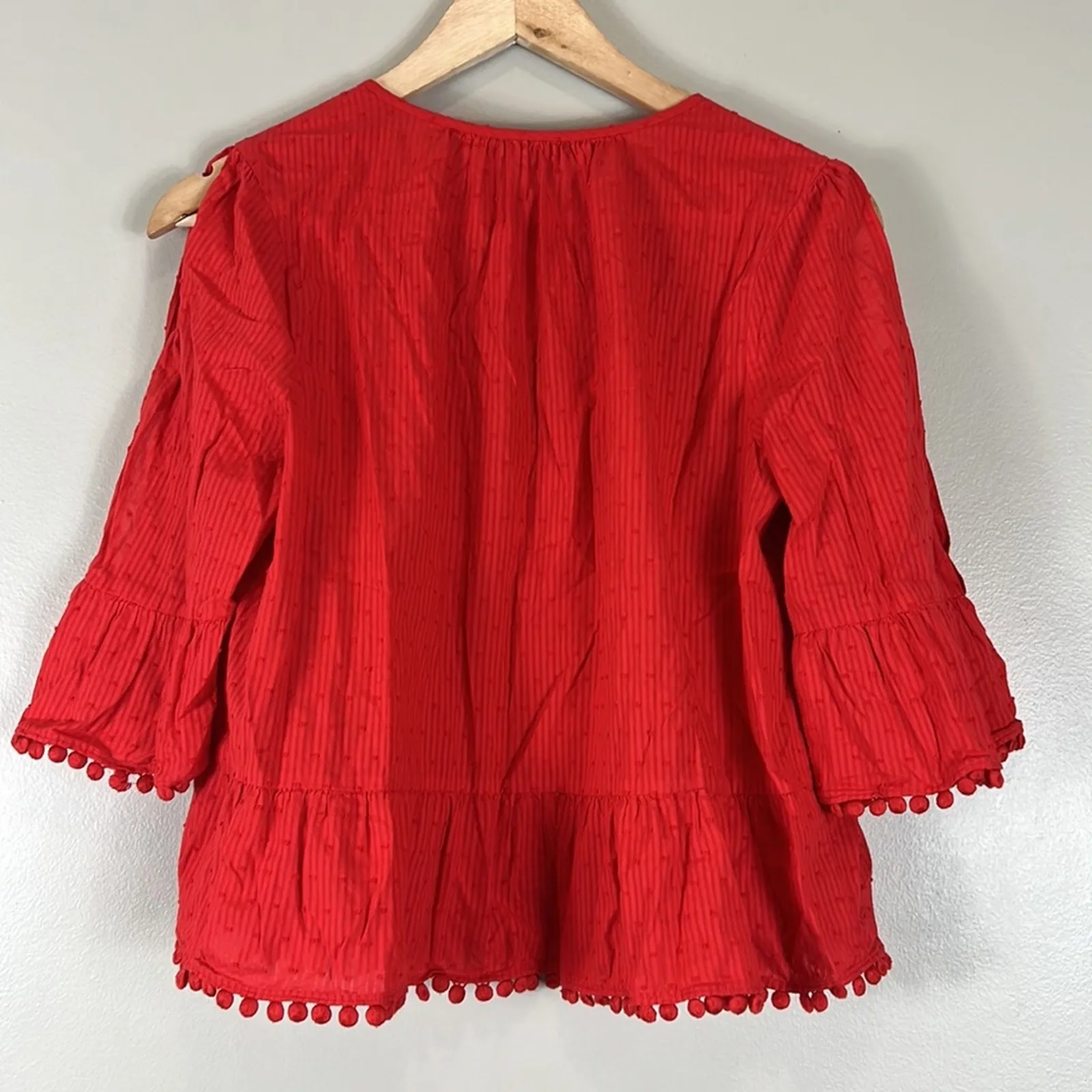 Madewell Peekaboo Pom Pom Top Womens S Red Split Sleeve Boho Cotton Festival - Image 5