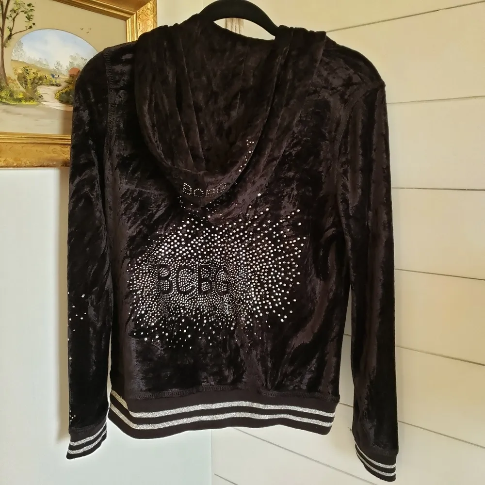 Vintage Y2K BCBGMaxazria Black Studded Spell Out Bling Velour Track Jacket M - Image 7