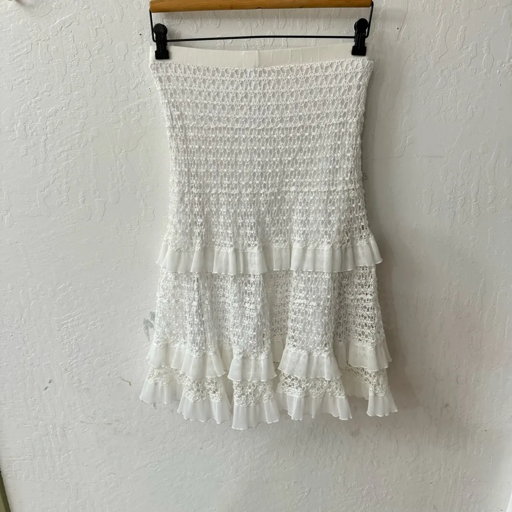Bebe White Tiered Ruffle Lace Eyelet Midi Pull On Stretch Skirt Small - Image 3