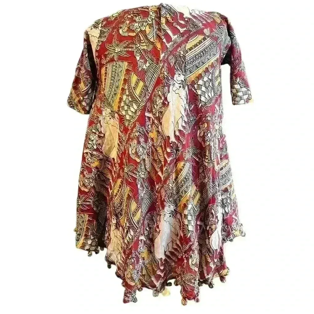 Indian Women Red Cow Floral Printed Round Neck Kurta Kurti Top Tunic Dress Small - Image 3