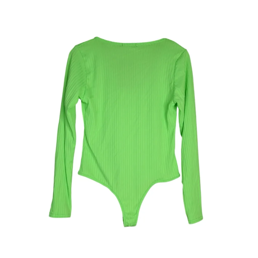 Pretty Little Thing Women's 8 Neon Lime Rib Plunge Long Sleeved Bodysuit NEW - Image 2