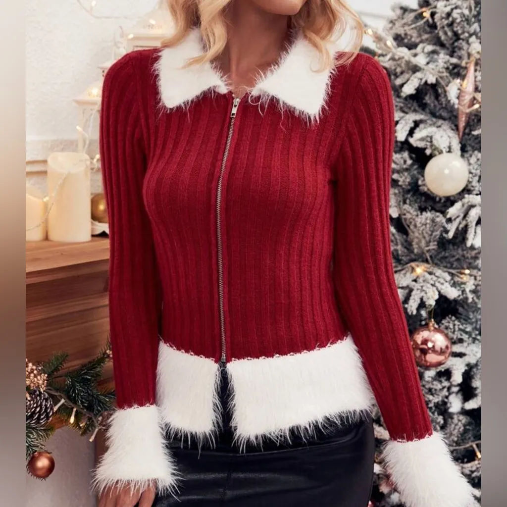 LAST ONE Holiday Fuzzy Fur Trim Sweater Red Size M - Image 10
