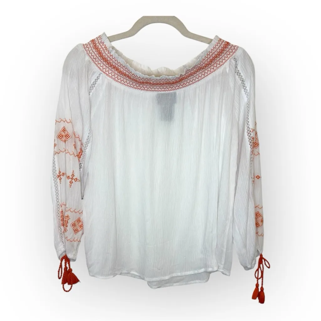 Wrangler Off Shoulder Boho Cowgirl Top White Embroidered Peasant Blouse S NWT - Image 5
