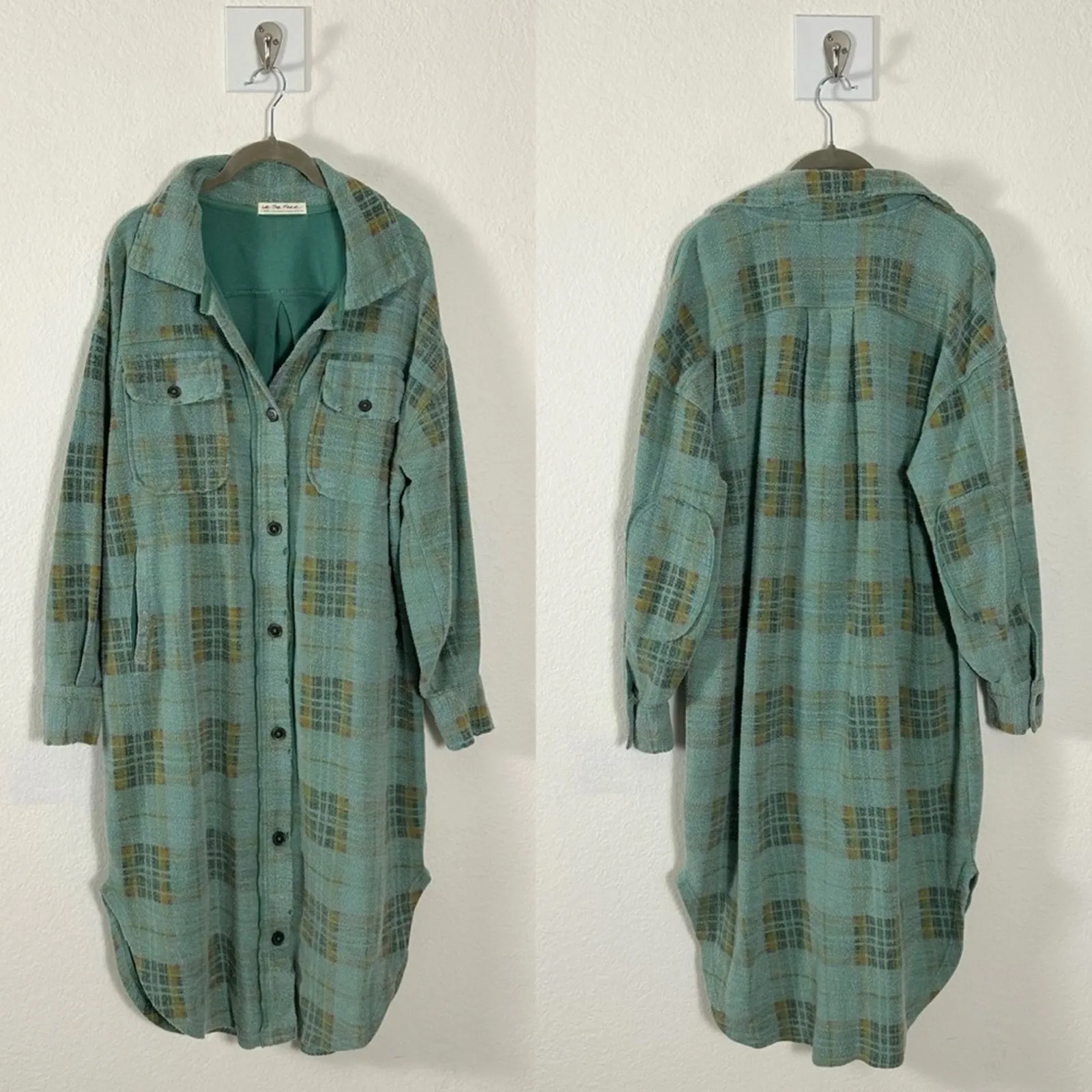 Free People Plaid Long Ruby Jacket in Sage Combo Size XS Grunge Distressed - Image 3