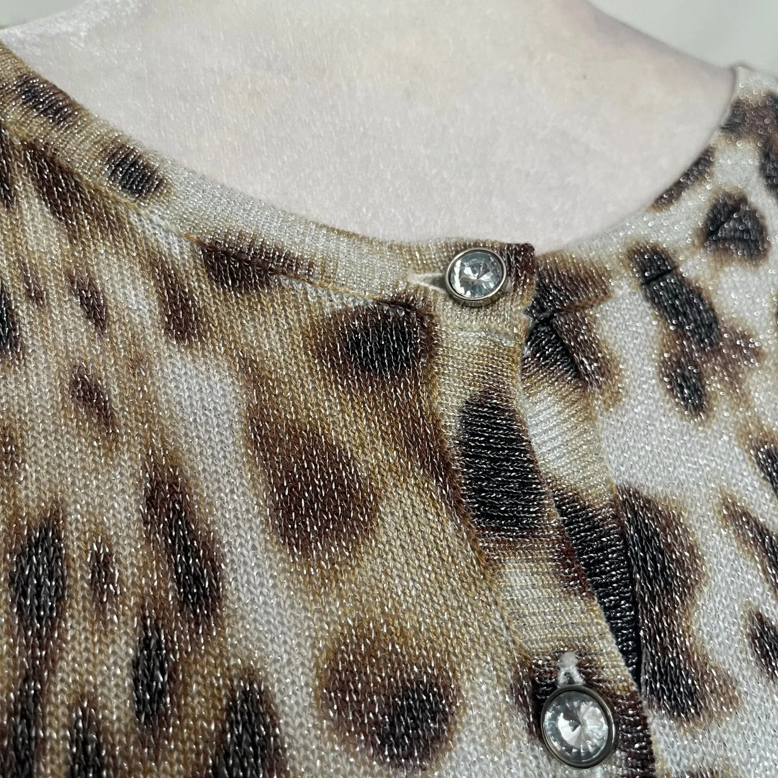 Joseph A Leopard Glitter Cardigan Womens Sweater Sz L Y2K Crystal Bling Glam - Image 10