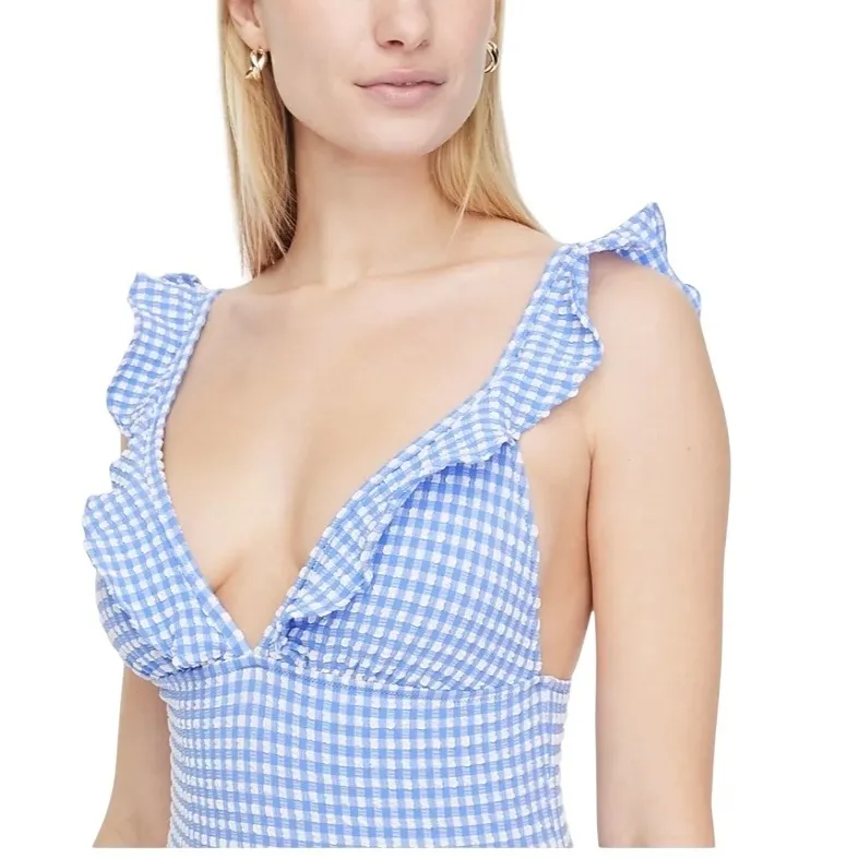 J Crew v-neck ruffle adjustable‎ strap one piece swimsuit. Blue/white Gingham XL - Image 2