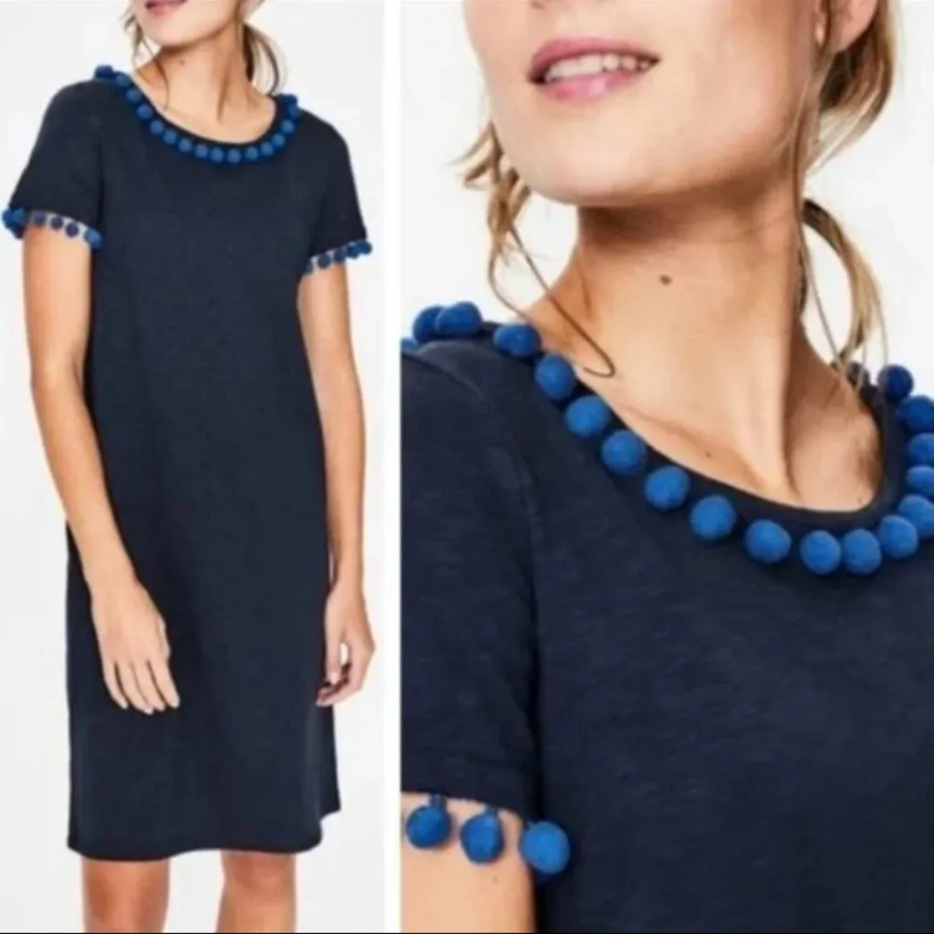 Boden Bridget Jersey Slub Cotton Navy Blue Pom Pom Shift Dress - Image 2