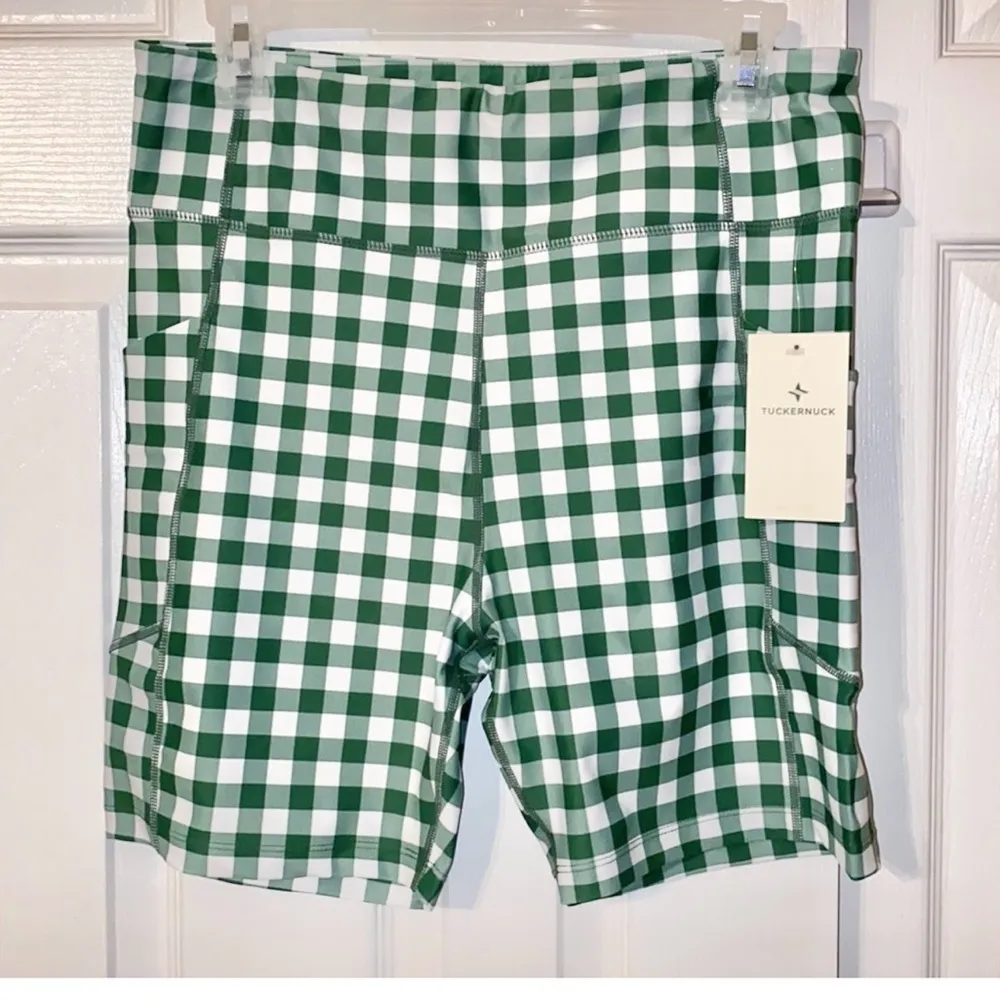 Tuckernuck Trellis Gingham Biker Shorts M NWT Green White 6” High Waist Pockets - Image 4