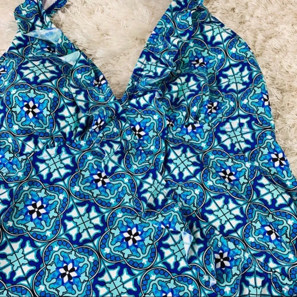 Spanx Blue Geometric Ruffle Trim Tankini Small - Image 4