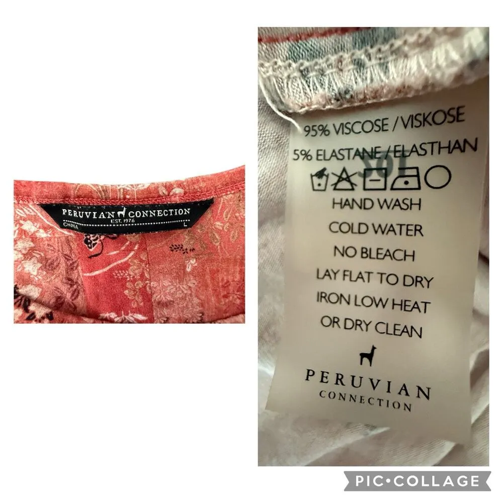 Peruvian Connection Phoenix Midi Dress Crew Neck Coral Terracotta Floral Large - Image 11