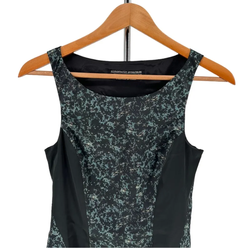 All Saints Heidi Stretch Bodycon Dress Green Black Marble Sleeveless side 6 - Image 4