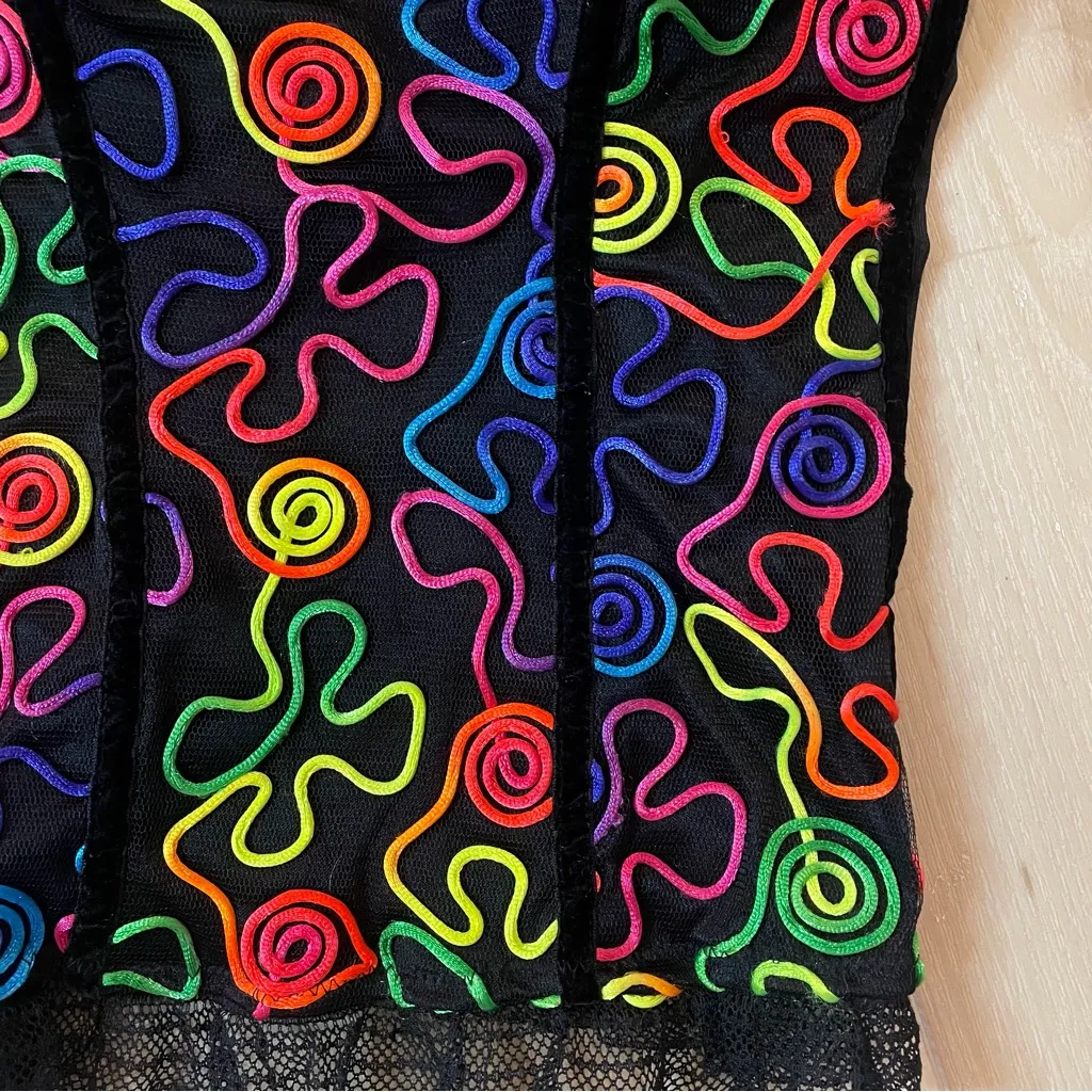 Just One Black Corset With Multicolor Swirl Design And Zip Up Back Size Large - Image 9