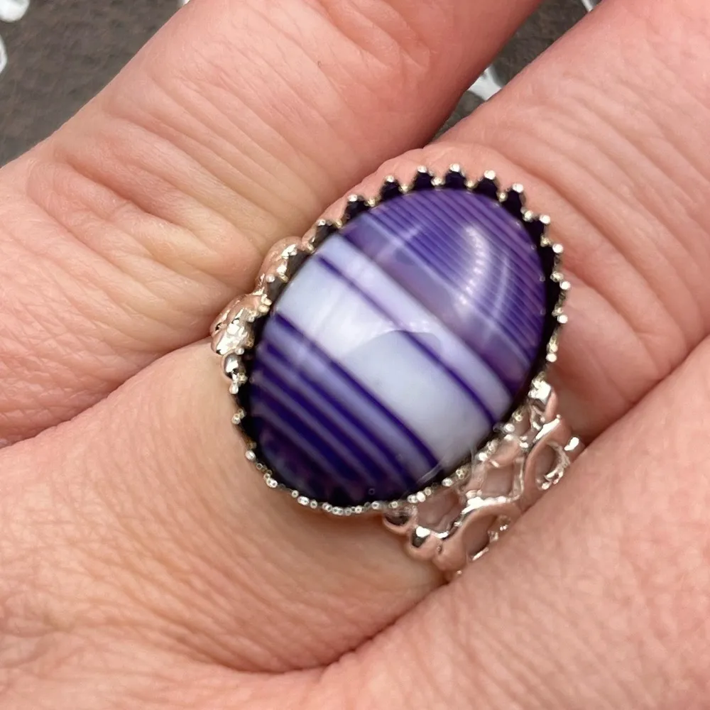 Handcrafted Purple Striped Glass Oval Cabochon Silver Stainless Steel Ring - Image 8