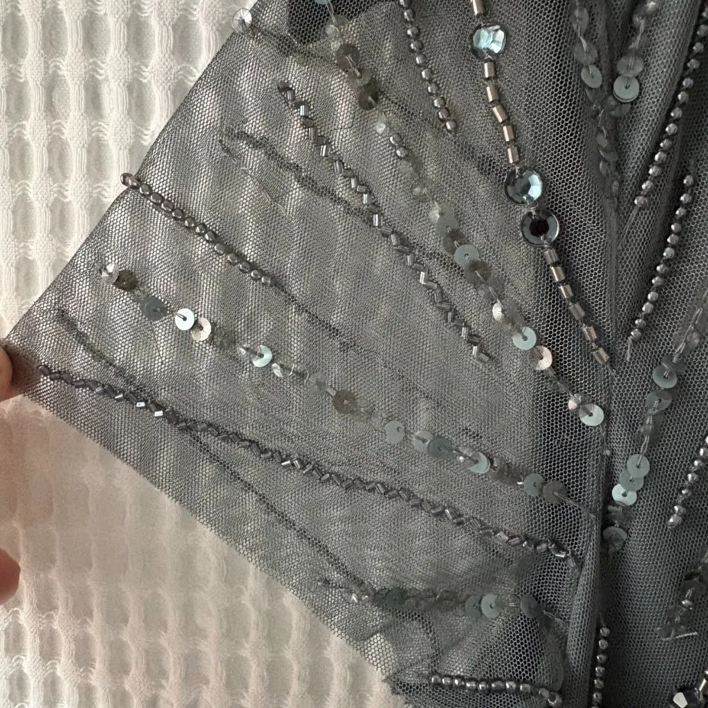 Adrianna Papell gunmetal gray beaded sequined maxi evening cocktail dress 10 - Image 7