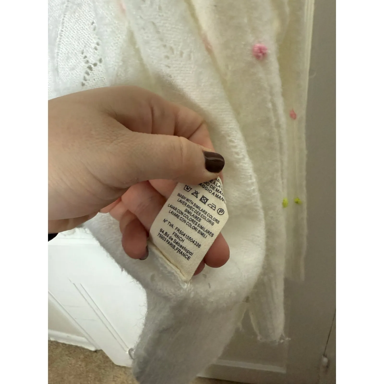 FRNCH Paris White Lightweight Rosette Embroidered Floral Cardigan Sweater Medium - Image 7