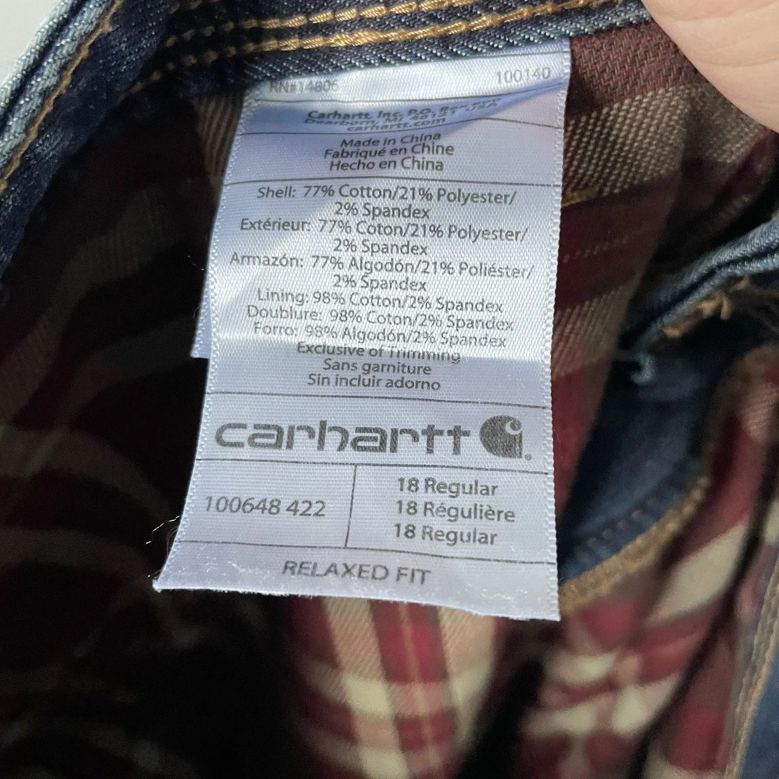 Carhartt Women's Boone Flannel-Lined Relaxed Fit Dark Wash Denim Jeans Pants 18 - Image 10