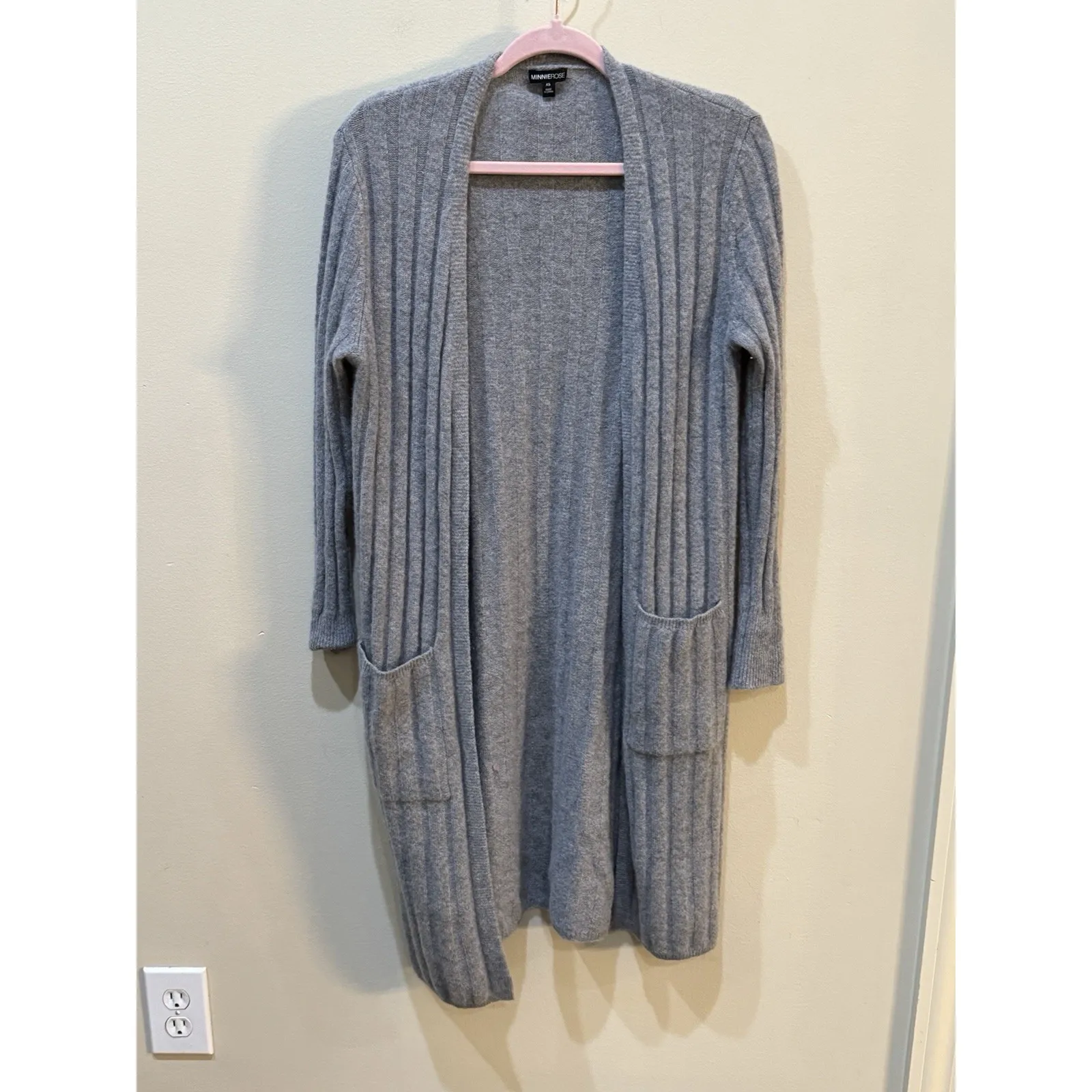 Minnie Rose Long Line Open Ribbed Cashmere Cardigan‎ Size XS Gray - Image 2