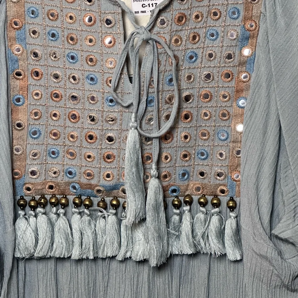 Miss June Dusty Blue Flowy Top with Tassels One Size NWT‎ Long Sleeve Boho - Image 4