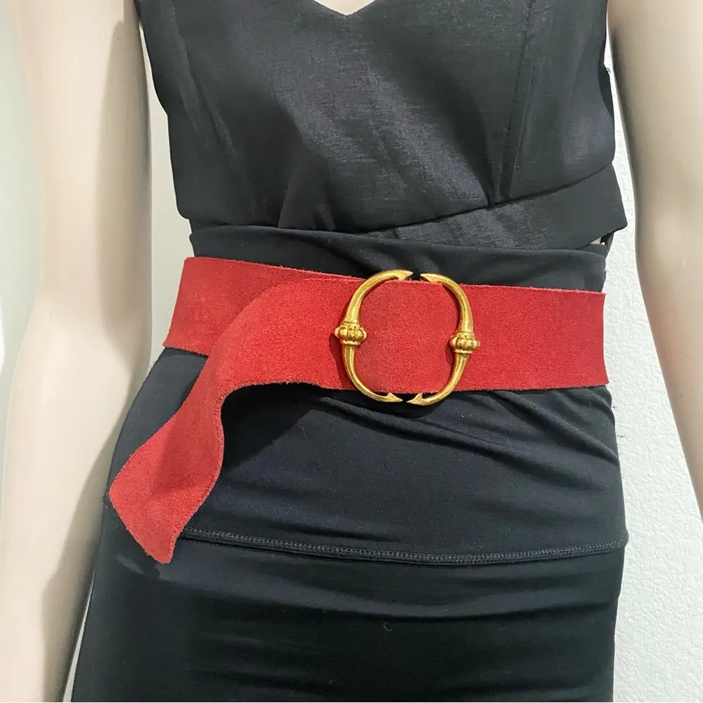 Vintage Red Soft Suede Leather with Gold Buckle Belt - Image 3