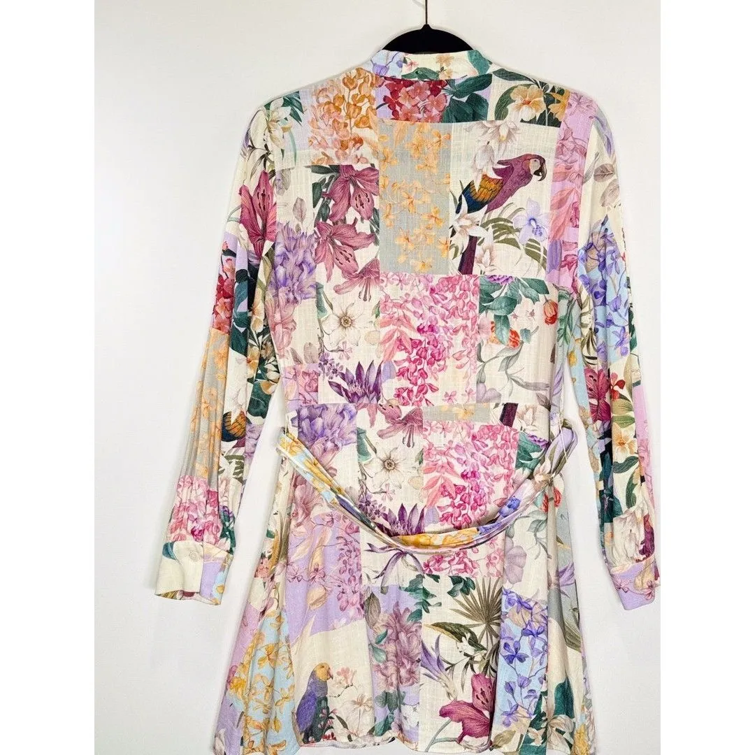 ZARA Dress Purple Mini Floral Patchwork Linen Shirtdress Waist Tie Boho Medium - Image 9