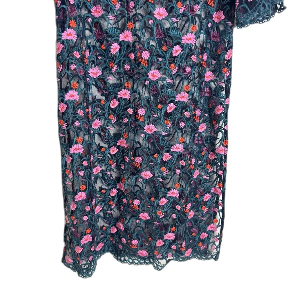 Moulinette Soeurs Dress Womens Small Teal Pink Floral Embroidered Lace Overlay - Image 4