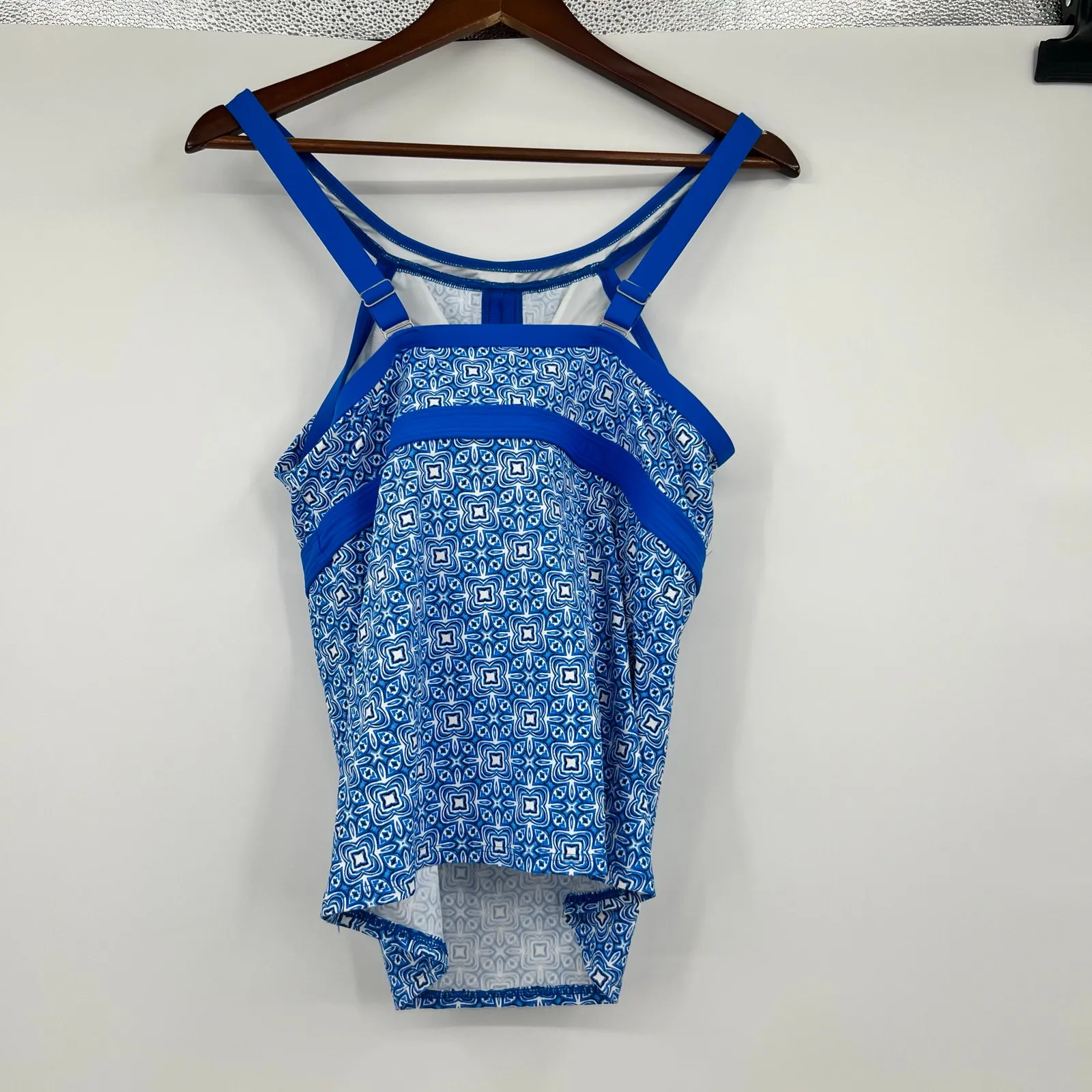 Lands' End Keyhole High Neck Modest Tankini Top Fresh Boreal Blue/Tile sz 10 DDD - Image 4