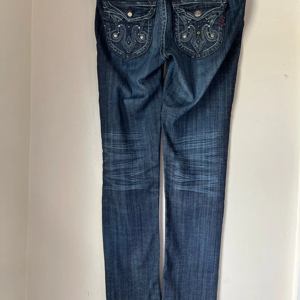 womens size 13 mens 34x34 y2k zipper embroidered denim jeans bottoms Blue - Image 3
