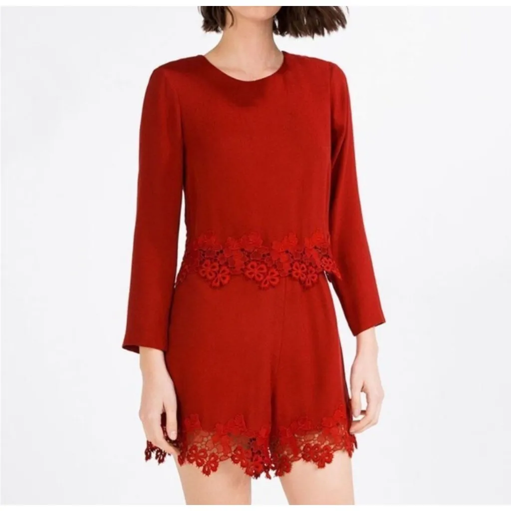 NWT Zara Woman Red Guipure Lace Trim Romper Size XS - Image 2
