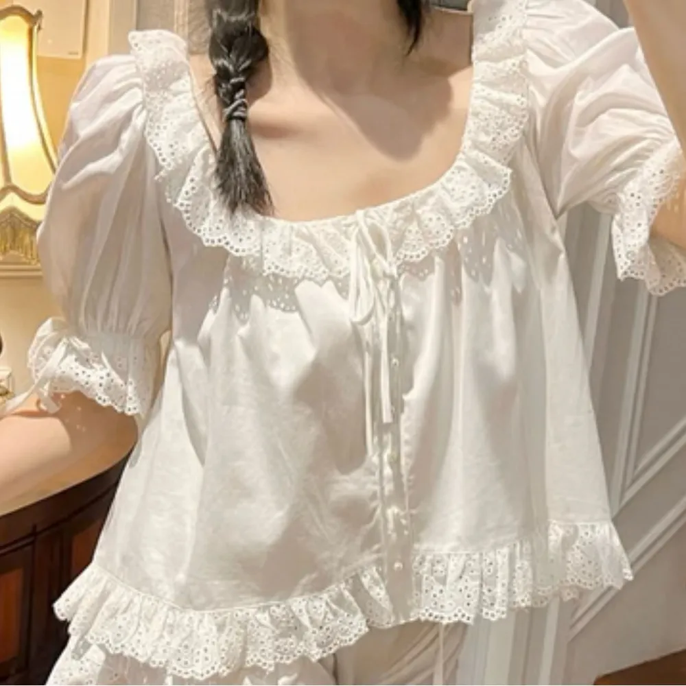 Pink Goddess White Blouse Puffy Sleeve Bohemian Style Cotton Top Size S New - Image 2